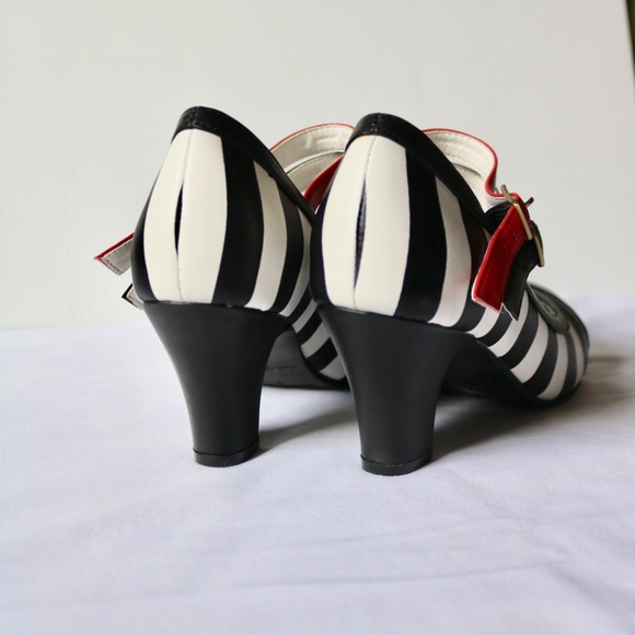 Lola Ramona Leather Heels Black White Red Stripes Ankle Straps Retro Women's 39 - Picture 2 of 10